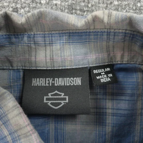 Harley Davidson Shirt Mens Medium Blue Plaid Graphic Motorcycle Biker Mechanic - Picture 4 of 10